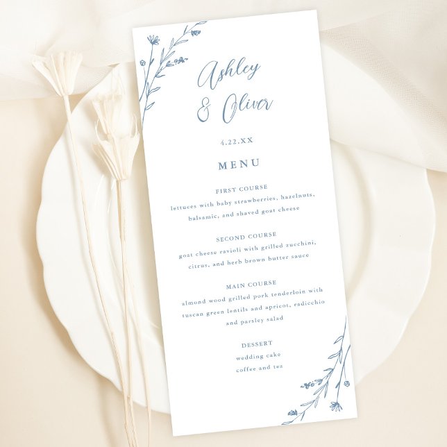 Carte de menu Mariage Rustique blanc et bleu roux (Créateur téléchargé)