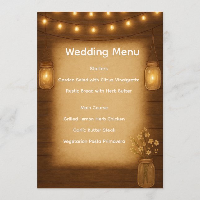 Carte de menu Mariage Rustique Mason Jar (Devant)