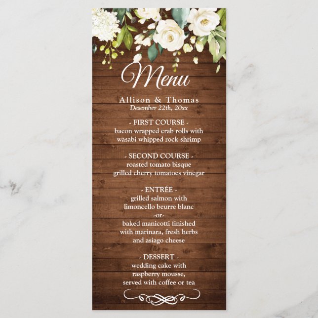 Carte de menu Mariage Rustique Rose & Bois blanc (Devant)