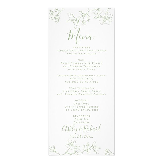 Carte de menu mariage Sage green line arts fleurs (Devant)