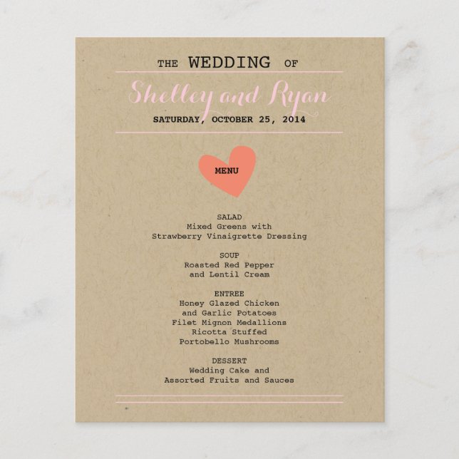 Carte de menu Mariage simple coeur (Devant)