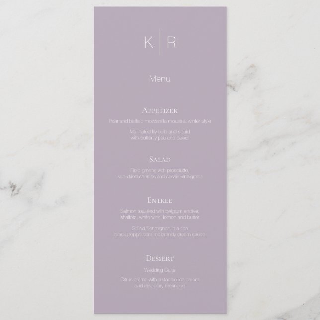 Carte de menu Mariage simple et moderne Dusty Lila (Devant)