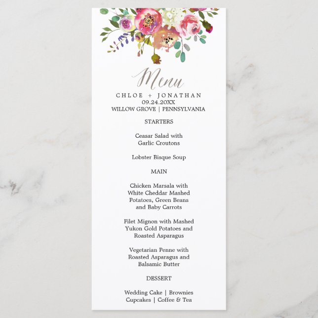 Carte de menu Mariage simple Floral Watercolor Bou (Devant)