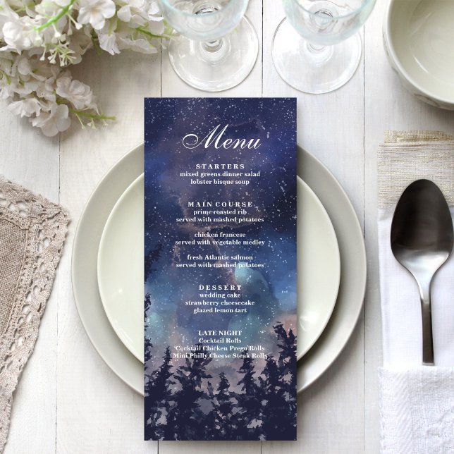 Carte de menu Mariage Starry Night Forest (Starry Night Forest Wedding Menu Card on a boho white and silver wedding dinner table.)