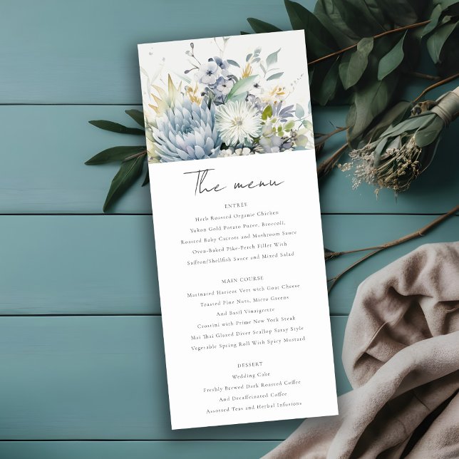 Carte de menu Mariage Succulent Floral bleu doux (Créateur téléchargé)