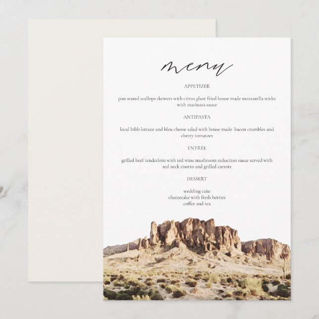 Carte de menu Mariage SUPERSTITION MOUNTAIN Waterc (Devant / Derrière)