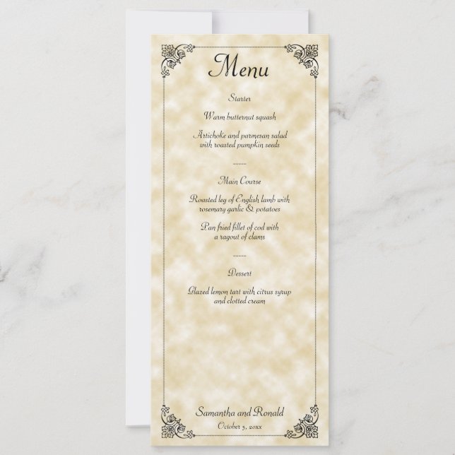 Carte de menu Mariage Tan Parchment Paper Style (Devant)
