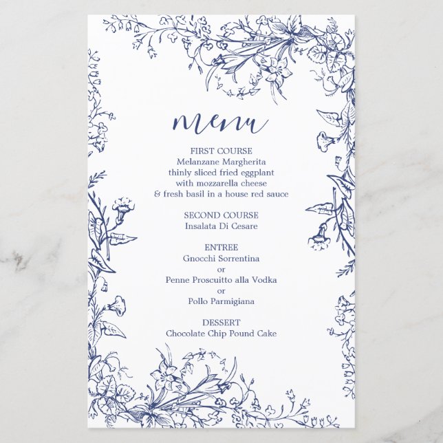 Carte de menu mariage Toile Bleu (Devant)