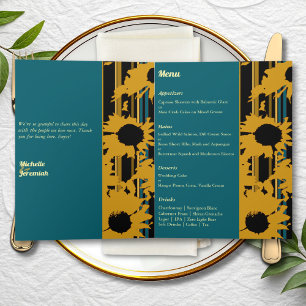 Carte de Menu Mariage Tournesol Bleu Sarcelle Or P