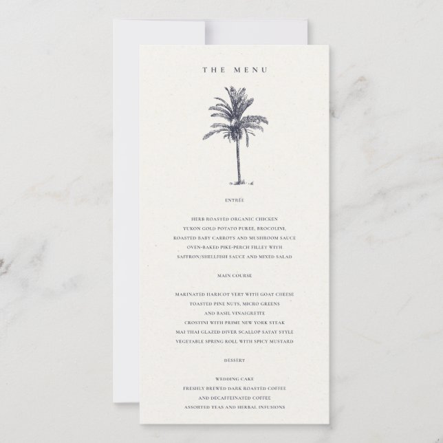 Carte de menu Mariage Tropical Palm Tree Navy Kraf (Devant)