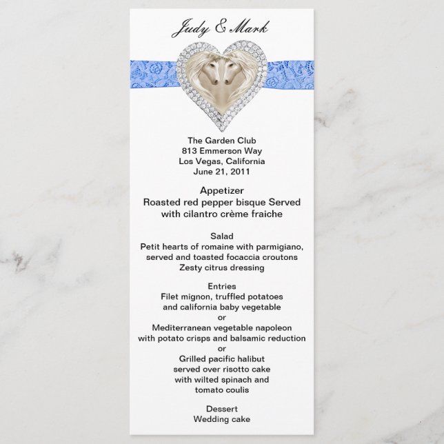 Carte de menu Mariage Unicorn Blue Lace (Devant)