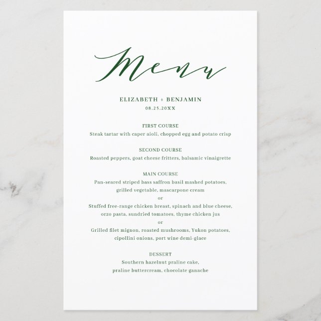 Carte de menu Mariage vert minimaliste (Devant)