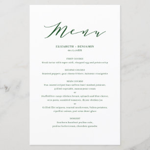 Carte de menu Mariage vert minimaliste