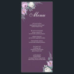Carte de menu Mariage violet foncé<br><div class="desc">Cette carte de menu mariage violet foncé présente des pivoines d'aquarelle blanches et violettes,  de la lavande,  des formes géométriques et une élégante typographie moderne. Idéal pour un mariage extérieur. Trouvez les articles correspondants dans Lavender Purple Floral Mariage Collection.</div>