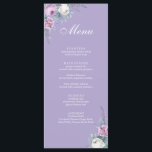 Carte de menu Mariage violet Lavande moderne<br><div class="desc">Cette carte de menu mariage lavande-violet présente des pivoines d'aquarelle blanche et violette,  de la lavande,  des formes géométriques et une élégante typographie moderne. Idéal pour un mariage extérieur. Trouvez les articles correspondants dans Lavender Purple Floral Mariage Collection.</div>