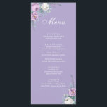 Carte de menu Mariage violet Lavande moderne<br><div class="desc">Cette carte de menu mariage lavande-violet présente des pivoines d'aquarelle blanche et violette,  de la lavande,  des formes géométriques et une élégante typographie moderne. Idéal pour un mariage extérieur. Trouvez les articles correspondants dans Lavender Purple Floral Mariage Collection.</div>