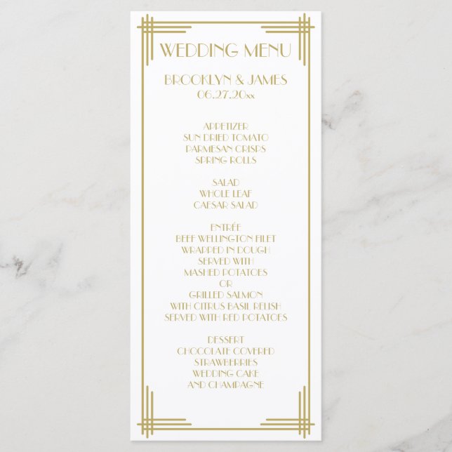 Carte de menu Mariage White Gold Great Gatsby Art  (Devant)