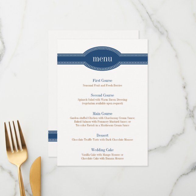 Carte de menu Marine, Collection Mariage Caroline (Devant/Arrière en situation)