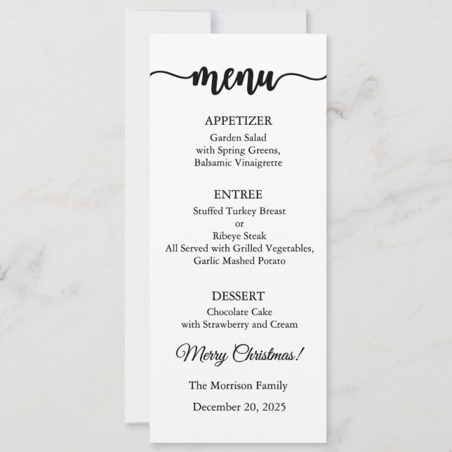 Carte de menu, Menu de Noël, Dîner, Déjeuner (Devant)