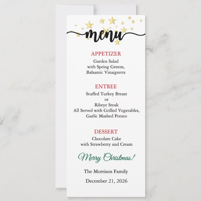 Carte de menu, Menu de Noël, Dîner, Déjeuner (Devant)