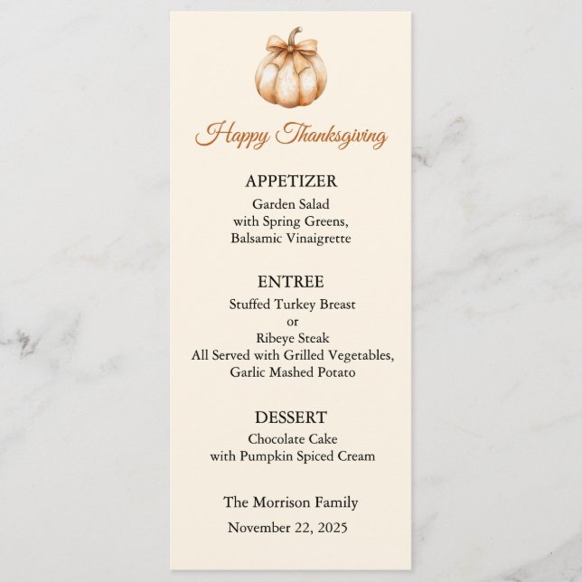 Carte de menu, Menu de Thanksgiving, Dîner, Déjeun (Devant)