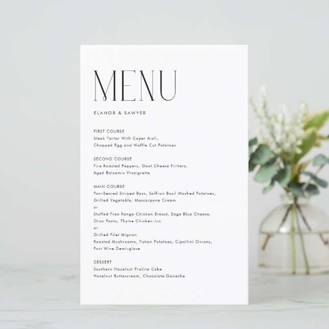 Carte de menu minimaliste moderne noir (Debout devant)