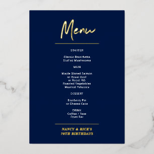 Carte de menu moderne lettre dorée et marine pour 