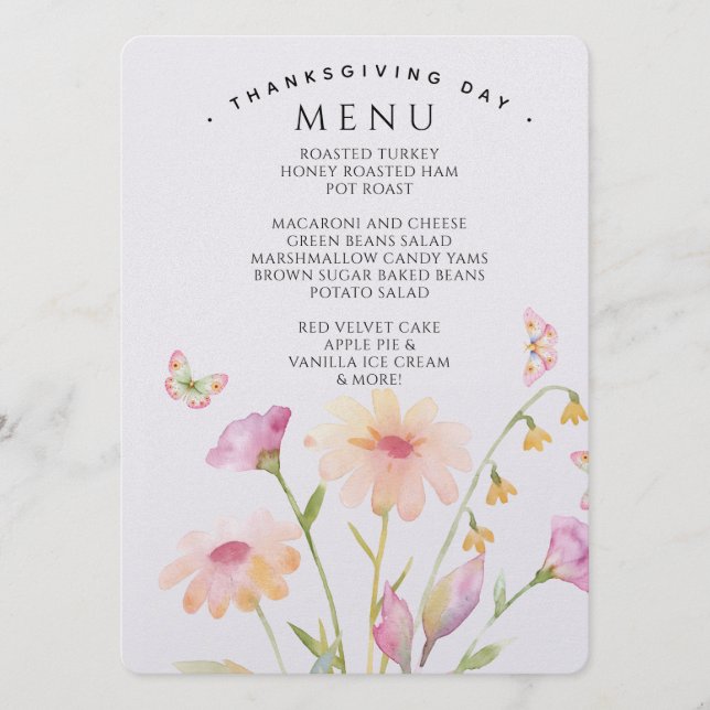 carte de menu modifiable à fleurs aquarelle  (Devant)