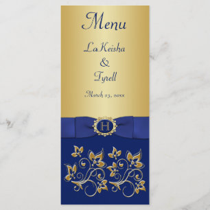 Carte de menu Monogram Blue, Gold Floral