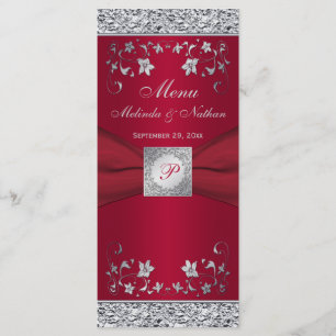 Carte de menu Monogram Red, Silver Foil-LOOK Flora