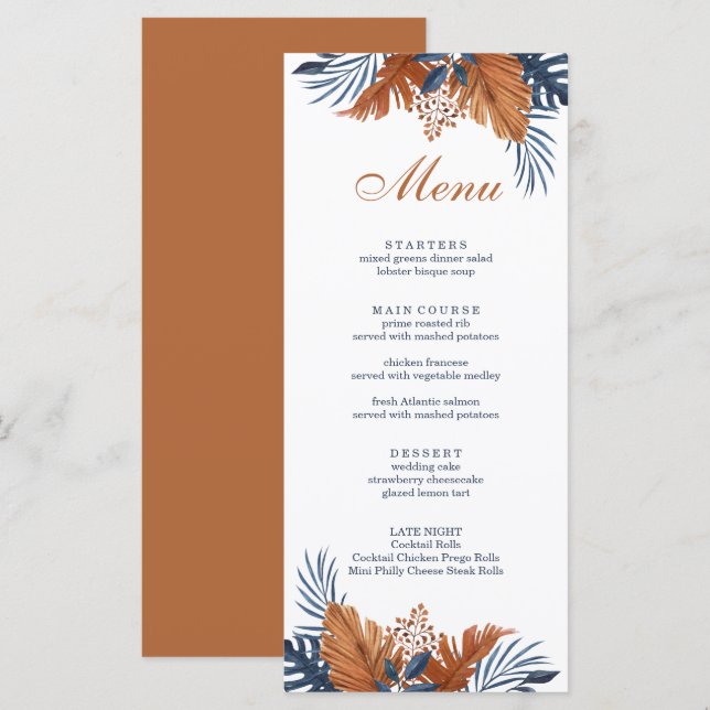 Carte de Menu Monstera Bleu Minuit Rustique (Devant / Derrière)