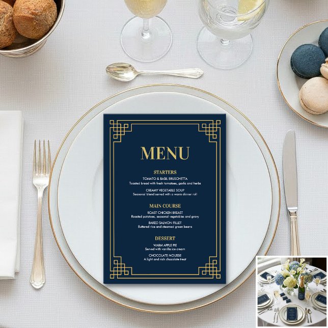 Carte de menu Navy Gold pour soirée d'anniversaire (SEE FULL SUITE AT BOTTOM)