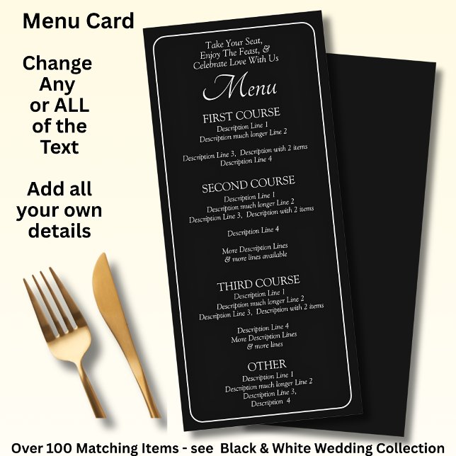 Carte de menu - Noir Blanc - Ajoutez vos propres d (Créateur téléchargé)
