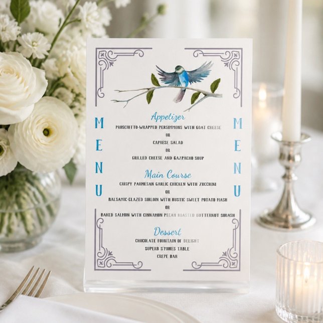 Carte de menu "Oiseau bleu du bonheur" 11 x 16 cm (Créateur téléchargé)