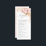 Carte de menu Pampas Gras MOdern Boho BLush PInk<br><div class="desc">Carte Boho Floral Pampas Gras Mariage Dîner Boho Watercolor Menu. Beau motif de fleurs botaniques rose vif au dos de la carte. Cette carte de dîner mariage est le choix idéal pour être placé sur le plateau mariage pour les mariages à thème boho.</div>