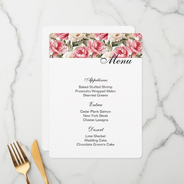 Carte de menu Peonies (Devant/Arrière en situation)