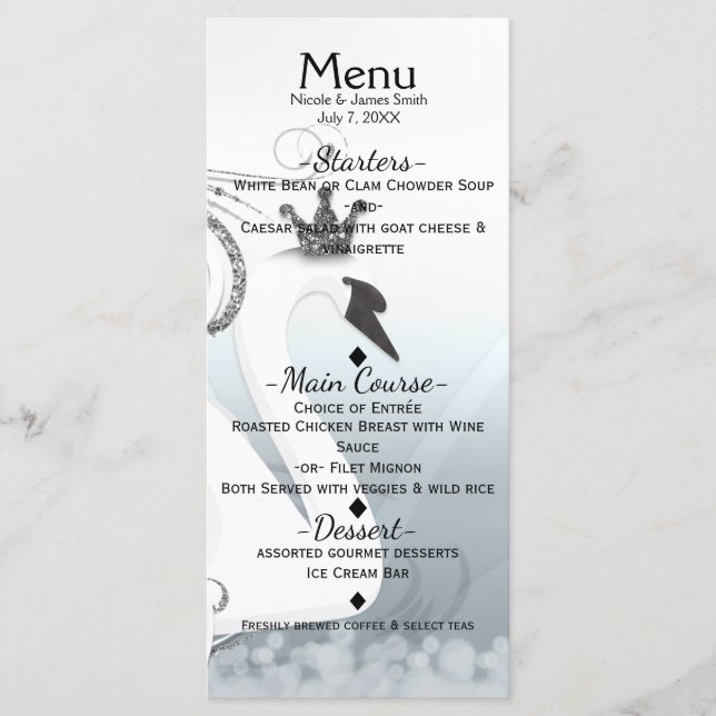 Carte de menu personnalisée élégante argent et bla (Devant)