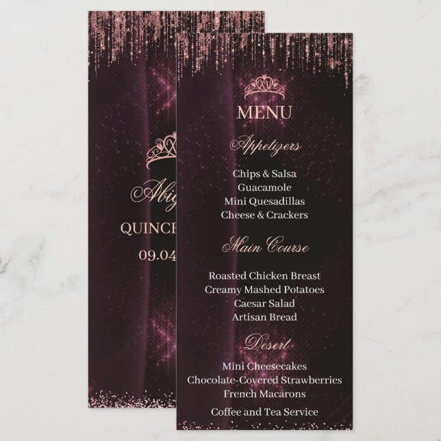 Carte de menu personnalisée pour Quinceañera | QUI (Devant / Derrière)
