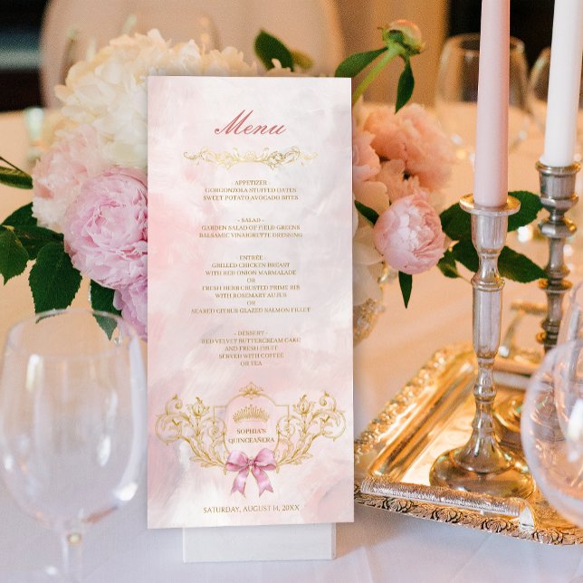 Carte de menu personnalisée Quinceanera avec couro (Classy Crown Pink Bow Quinceanera Custom Menu Card)
