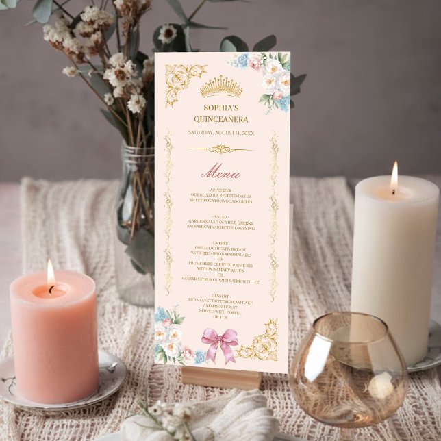 Carte de menu personnalisée Quinceanera Couronne é (Classy Crown Pink Bow Quinceanera Custom Menu Card)
