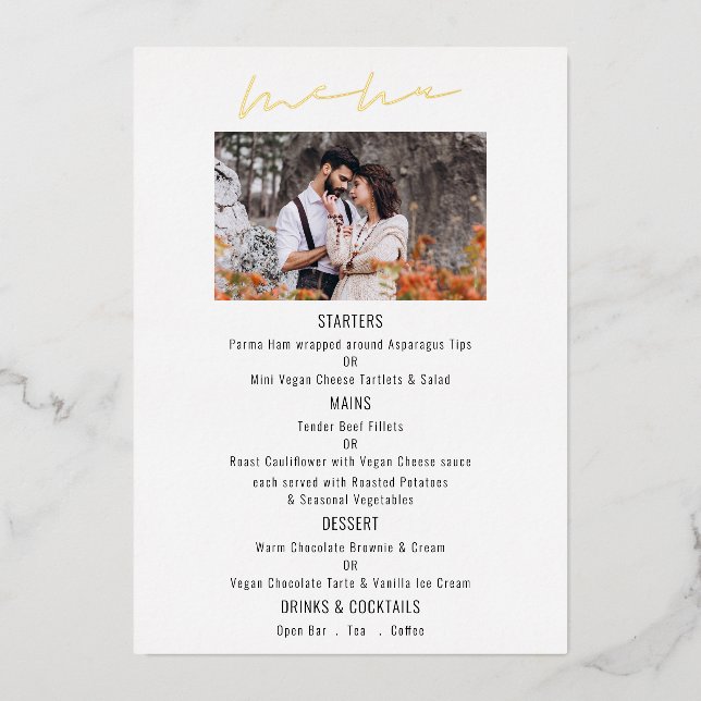 Carte de Menu Photo de Mariage Luxe en Feuille de  (Devant)