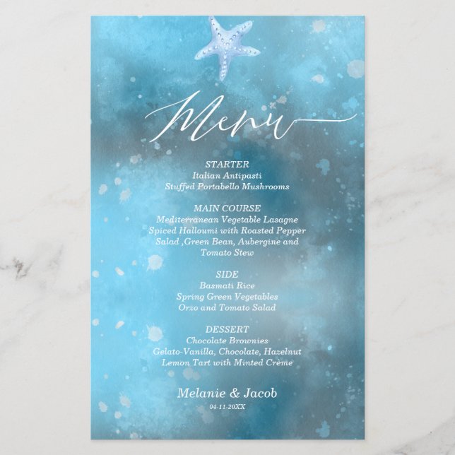 Carte de menu plat Budget Blue Sea Summer Mariage (Devant)