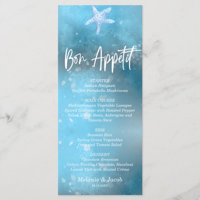 Carte de menu plat Mariage Blue Sea Summer Bon App (Devant)