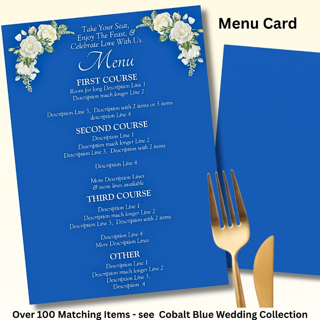 Carte de Menu Plus Grande - Roses Bleu Cobalt et B (Créateur téléchargé)