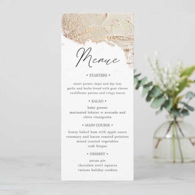 Carte de menu pour dîner Mariage or texturé (Debout devant)