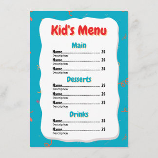 Carte de menu pour enfants de restaurant