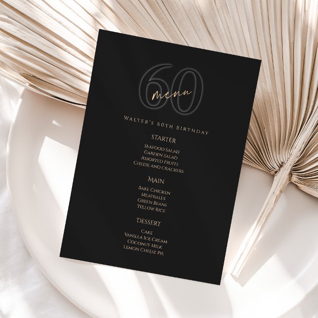 Carte de Menu pour la Fête d'Anniversaire des 60 a (Modern Black Gold 60th Birthday Party Menu Card)
