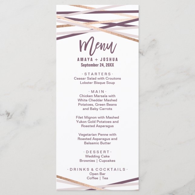 Carte de menu Purple Blush et Gold Streamers Roses (Devant)