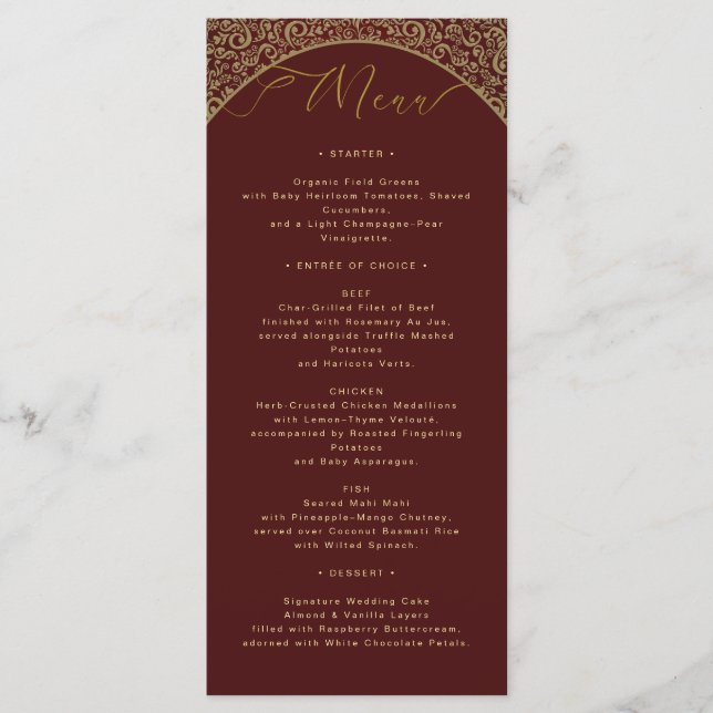 Carte de menu Red Damask Elegant Wedding (Devant)