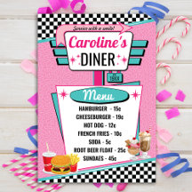 Carte de menu Retro Diner Rose et Turquoise des an